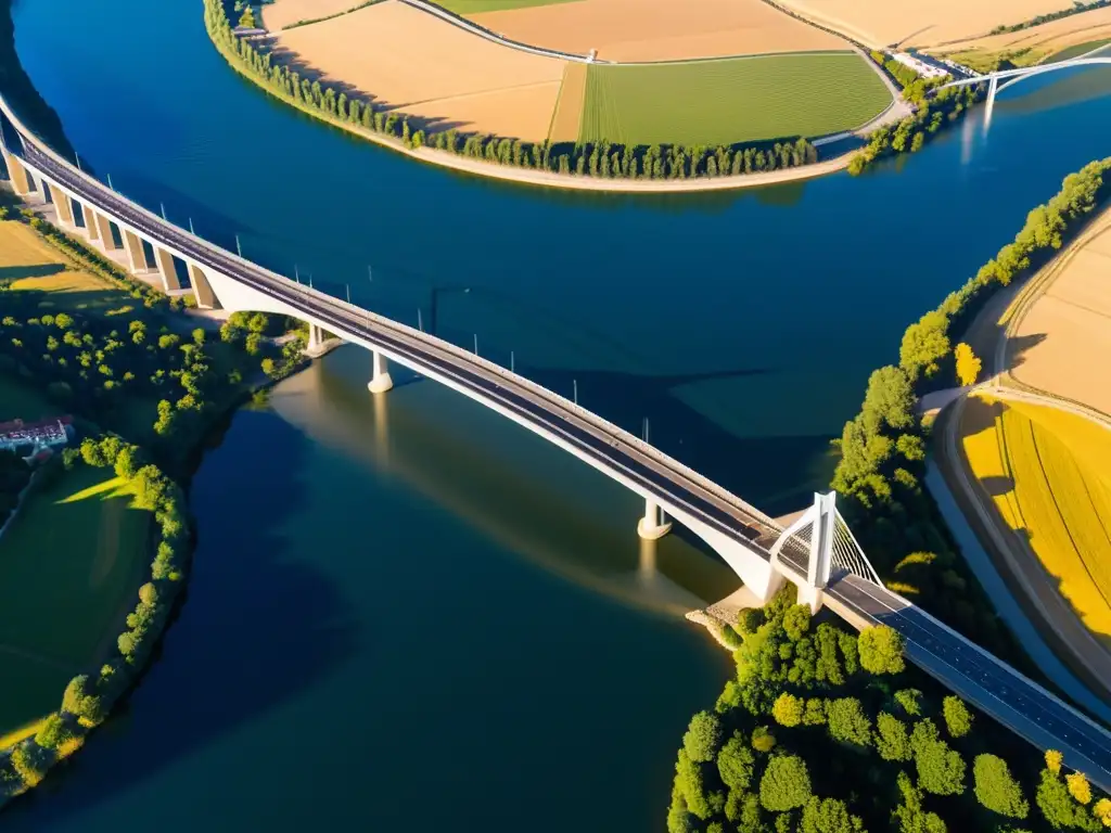 Vista aérea del Puente Millau en 8k, destacando su diseño estructural 3D y la belleza natural circundante