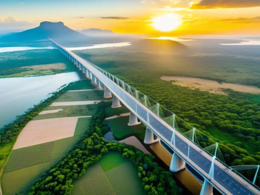 Vista aérea del Puente de Mkapa en Tanzania al atardecer, sobre el río, rodeado de exuberante vegetación