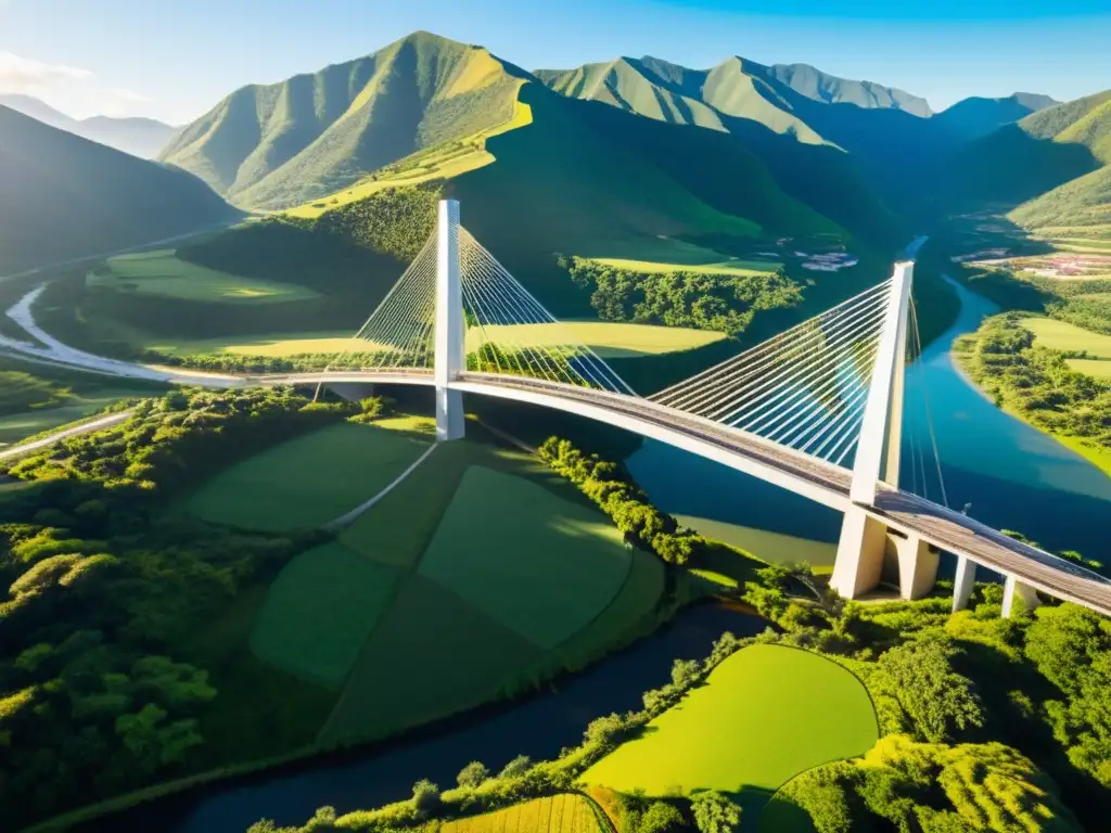 Vista aérea de un puente moderno integrando principios de sostenibilidad en su diseño, sobre un valle verde exuberante