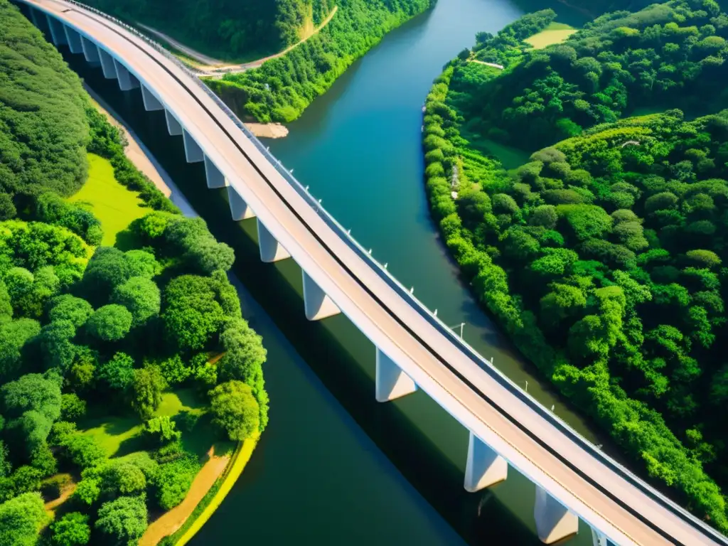 Vista aérea de un puente moderno que incorpora principios de sostenibilidad en puentes, integrándose armoniosamente con la naturaleza