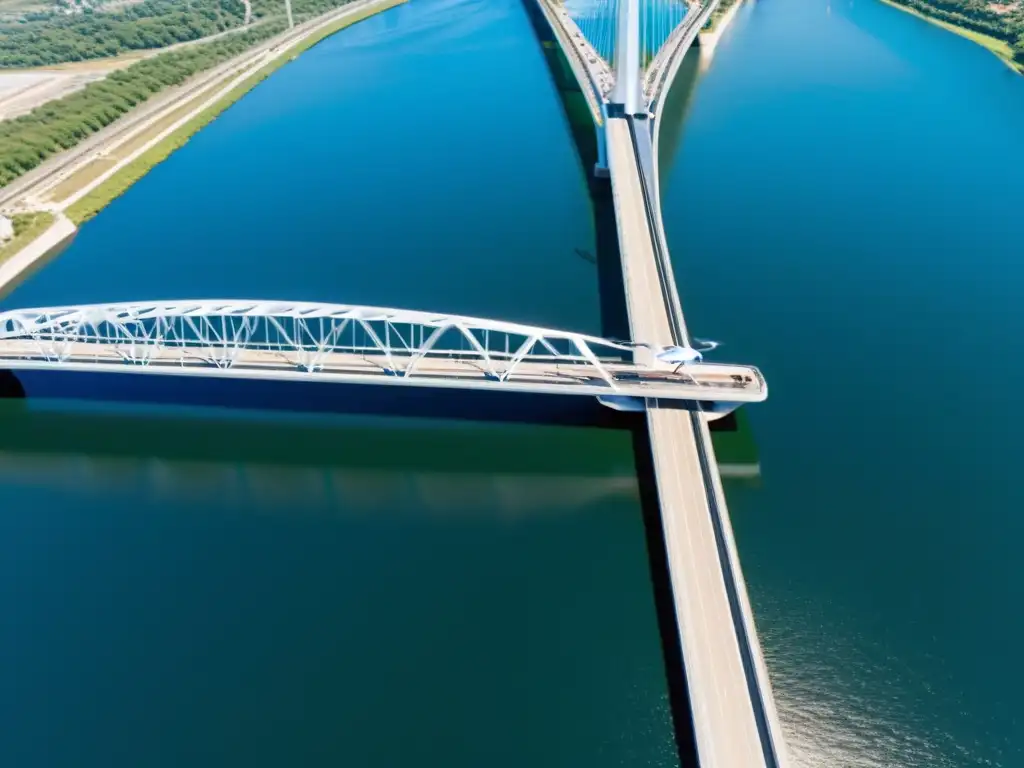Modern Bridge: Diseño e ingeniería capturados desde el aire Vista aérea de un puente moderno inspeccionado por drone