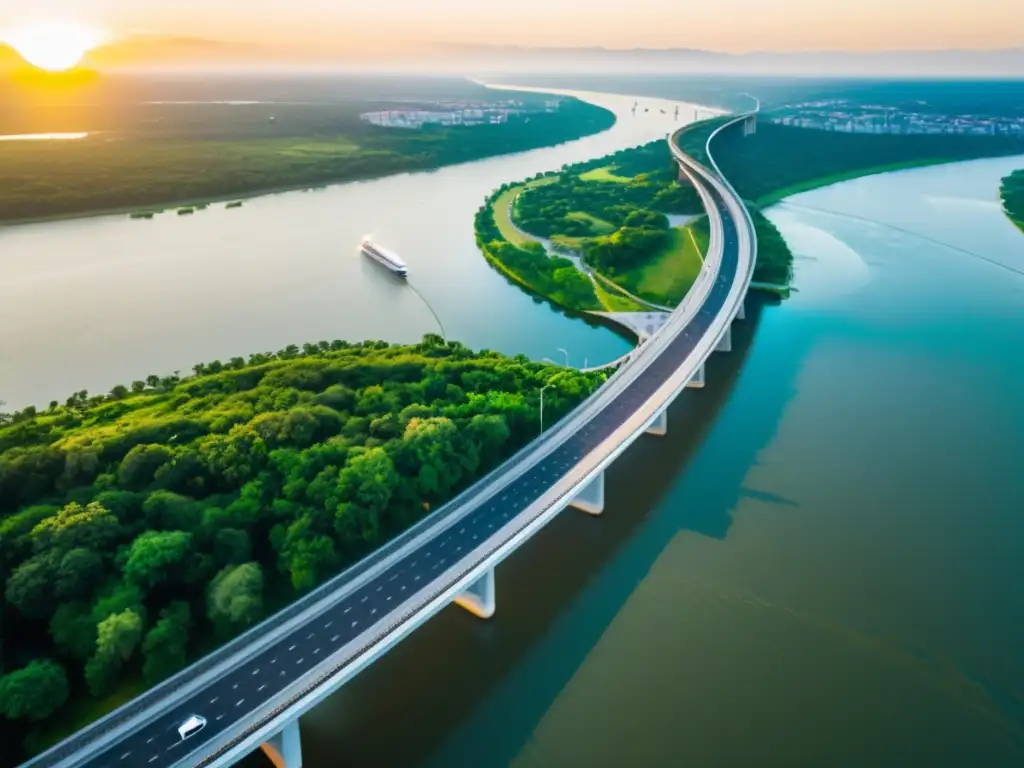 Vista aérea de un puente moderno sobre un río, rodeado de exuberante vegetación, mientras el sol se pone