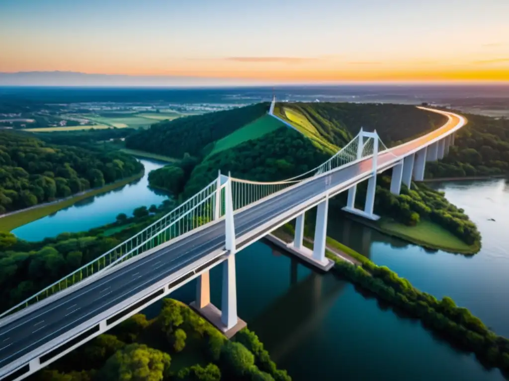 Vista aérea de un puente moderno capturada por un dron al atardecer