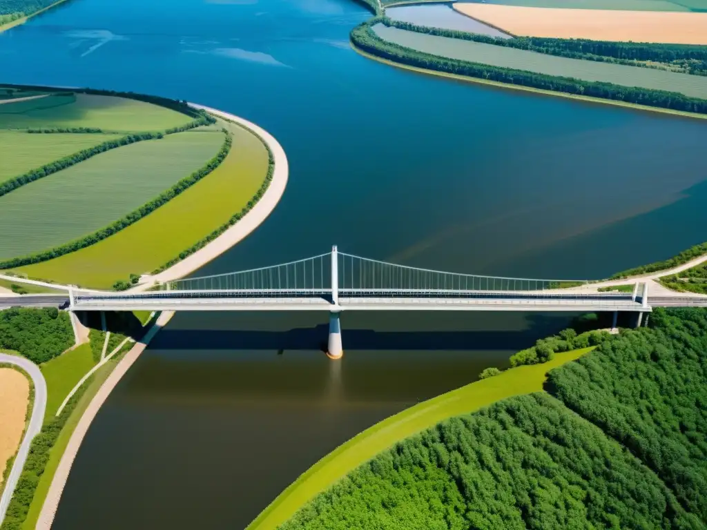 Vista aérea de un puente moderno y resistente sobre un amplio río, destacando su diseño y capacidad de carga