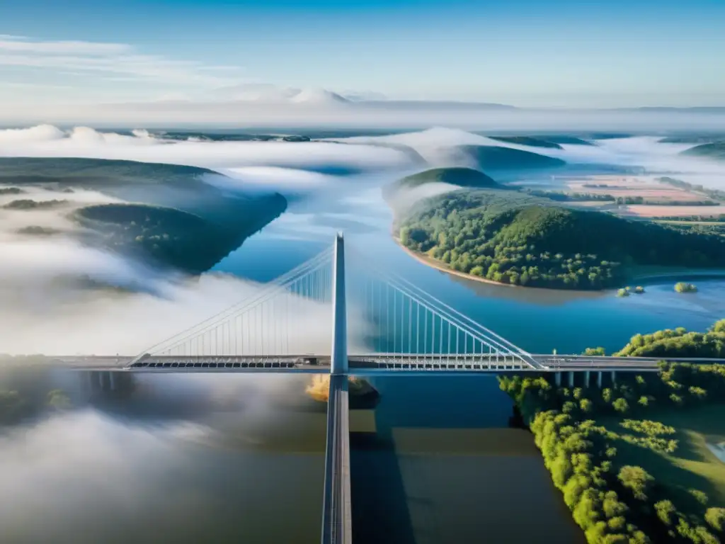 Vista aérea de un puente moderno sobre un río neblinoso, resaltando su arquitectura detallada y simetría