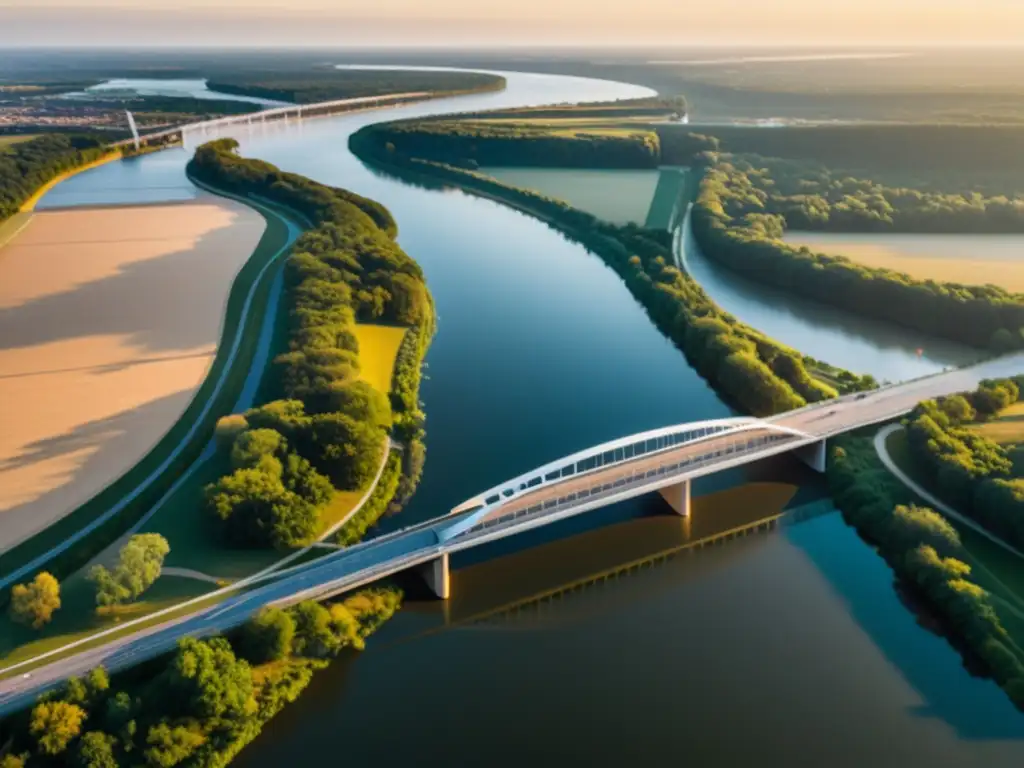 Vista aérea de un puente moderno sobre un río, destacando su diseño arquitectónico e integración de materiales sostenibles