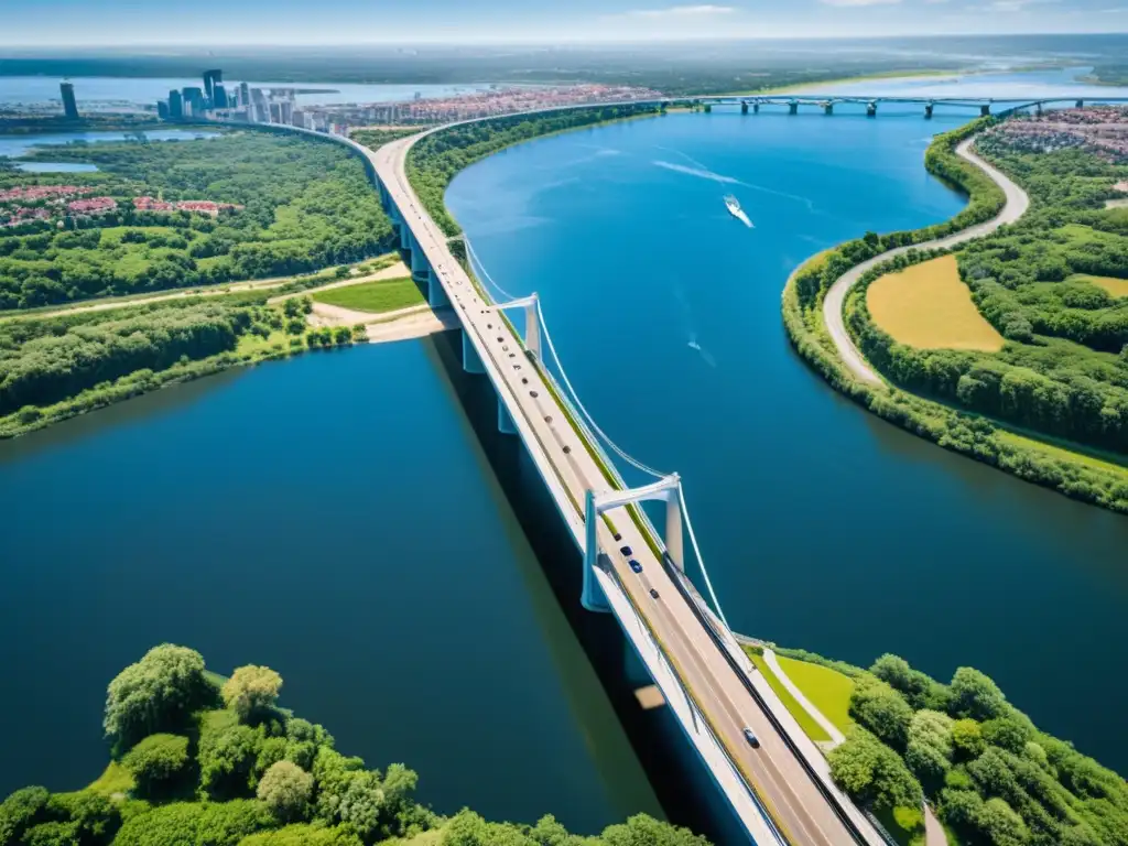 Vista aérea de un puente moderno sobre un río, rodeado de vegetación exuberante y un horizonte pintoresco