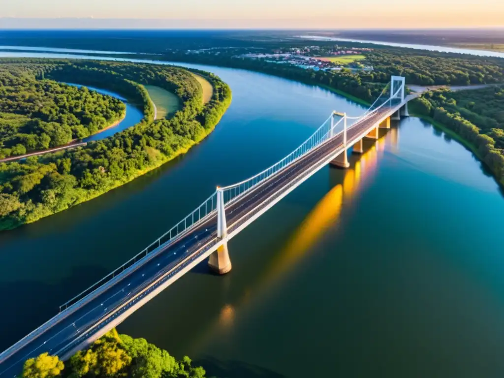 Vista aérea de un puente moderno sobre un río al atardecer, resaltando la sostenibilidad y certificaciones