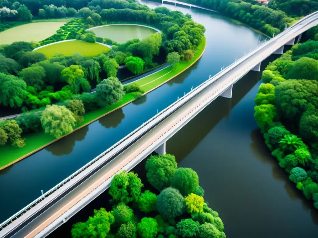 Vista aérea de un puente moderno con soluciones creativas de gestión de aguas pluviales, integrando diseño futurista y sostenibilidad urbana