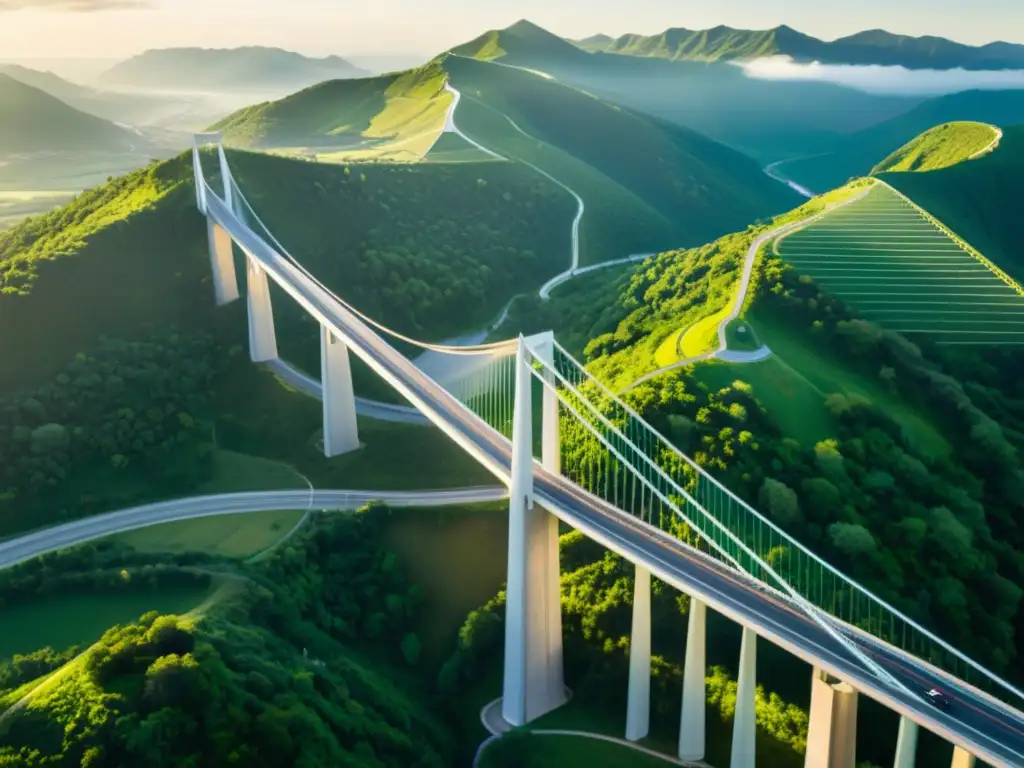 Vista aérea de un puente moderno en un valle exuberante al amanecer, con programas de sensibilización ambiental puentes