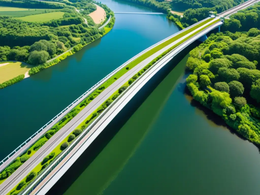 Vista aérea de puente moderno sostenible construido con biopolímeros, reflejando innovación y impacto ambiental