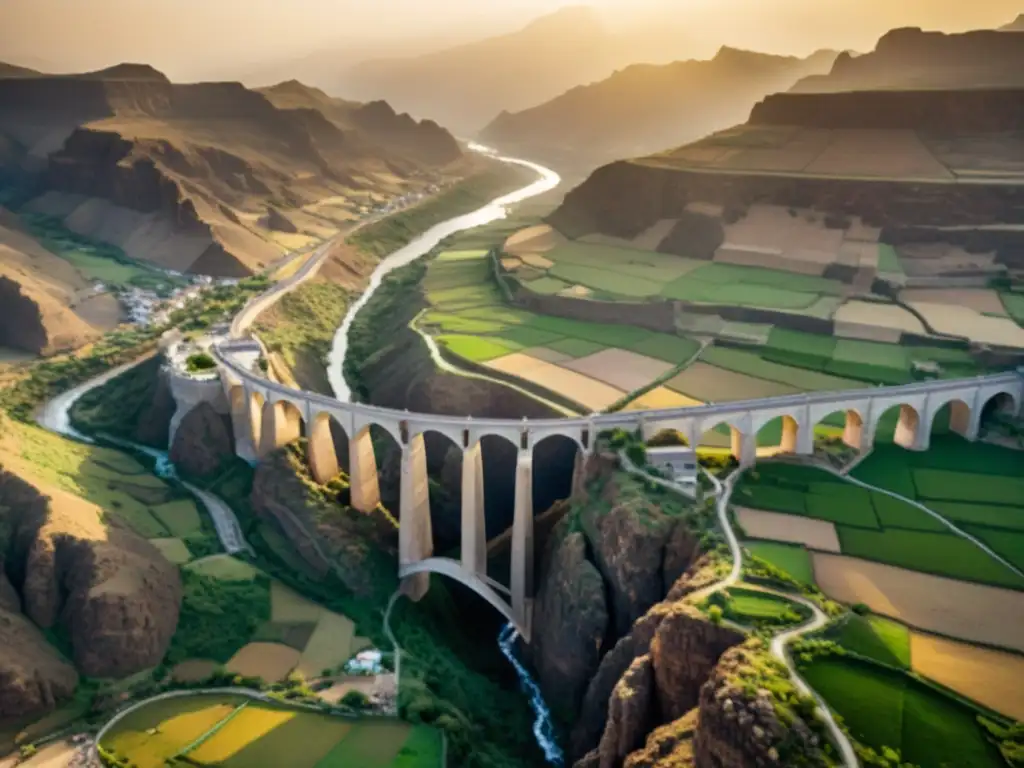 Vista aérea del Puente de Shaharah en Yemen, uniendo montañas y valles con su majestuosa arquitectura y paisaje dorado al atardecer