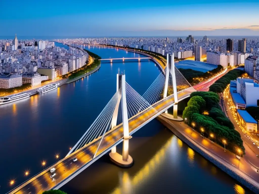 Vista aérea del Puente de la Mujer en Buenos Aires, Argentina, arquitectura contemporánea y luces de la ciudad