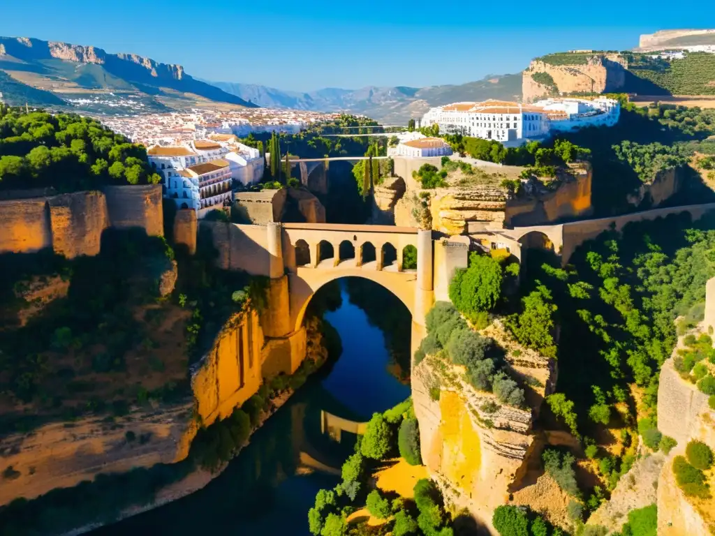 Vista aérea de Puente Nuevo de Ronda sobre el impresionante desfiladero El Tajo, destacando la preservación del entorno natural