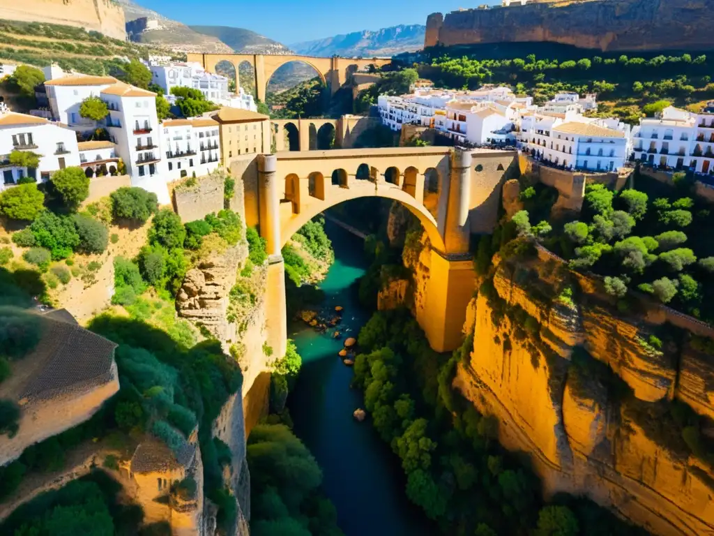 Vista aérea del Puente Nuevo de Ronda, con detalles arquitectónicos, bañado por la cálida luz, sobre el impresionante desfiladero El Tajo