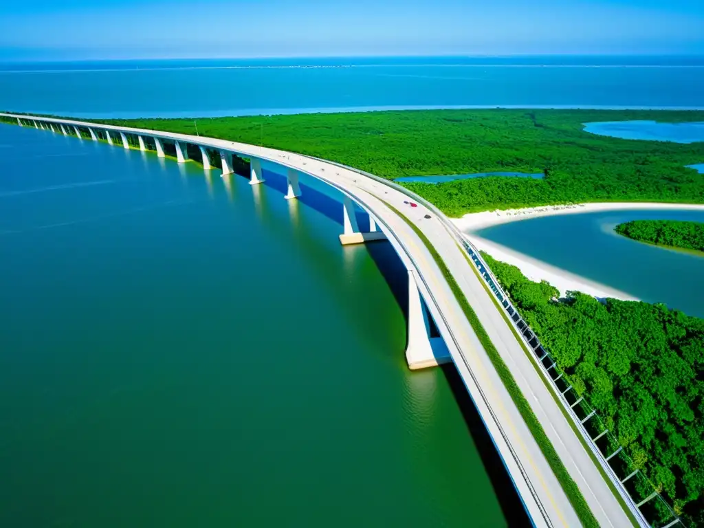 Vista aérea del Puente Isla Sanibel, una obra arquitectónica única que destaca en su entorno natural