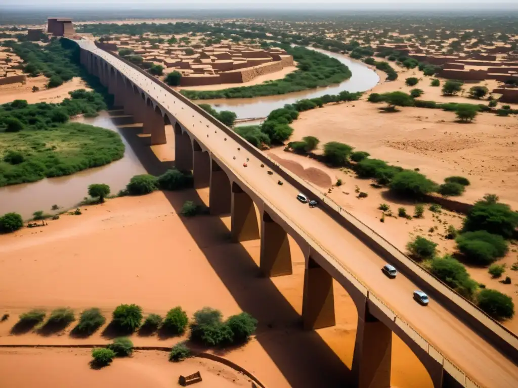 Puente de Ouaga 2000: Encuentro entre tradición y modernidad Vista aérea del Puente de Ouaga 2000 en Burkina Faso, conectando pasado y futuro sobre paisaje árido