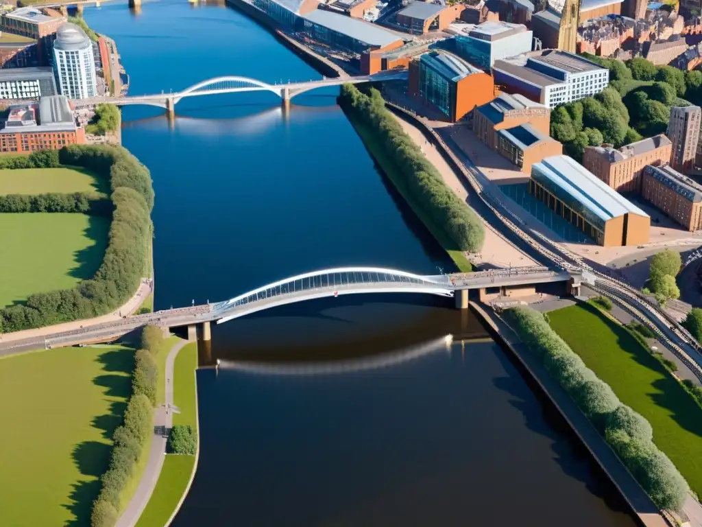 Vista aérea del Puente Gateshead en posición cerrada, destacando su arquitectura innovadora y su integración con el paisaje urbano