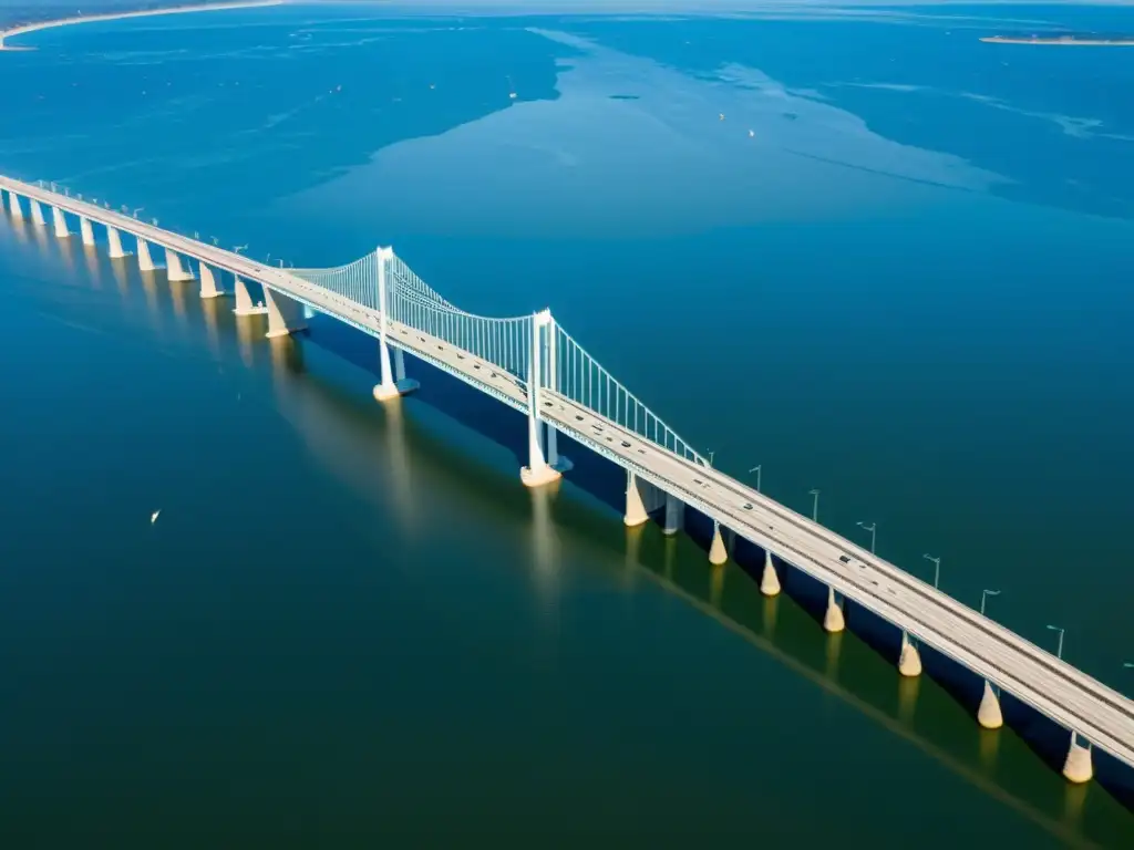 Vista aérea del puente Chesapeake Bay con prácticas sostenibles de construcción destacadas en su diseño y entorno natural