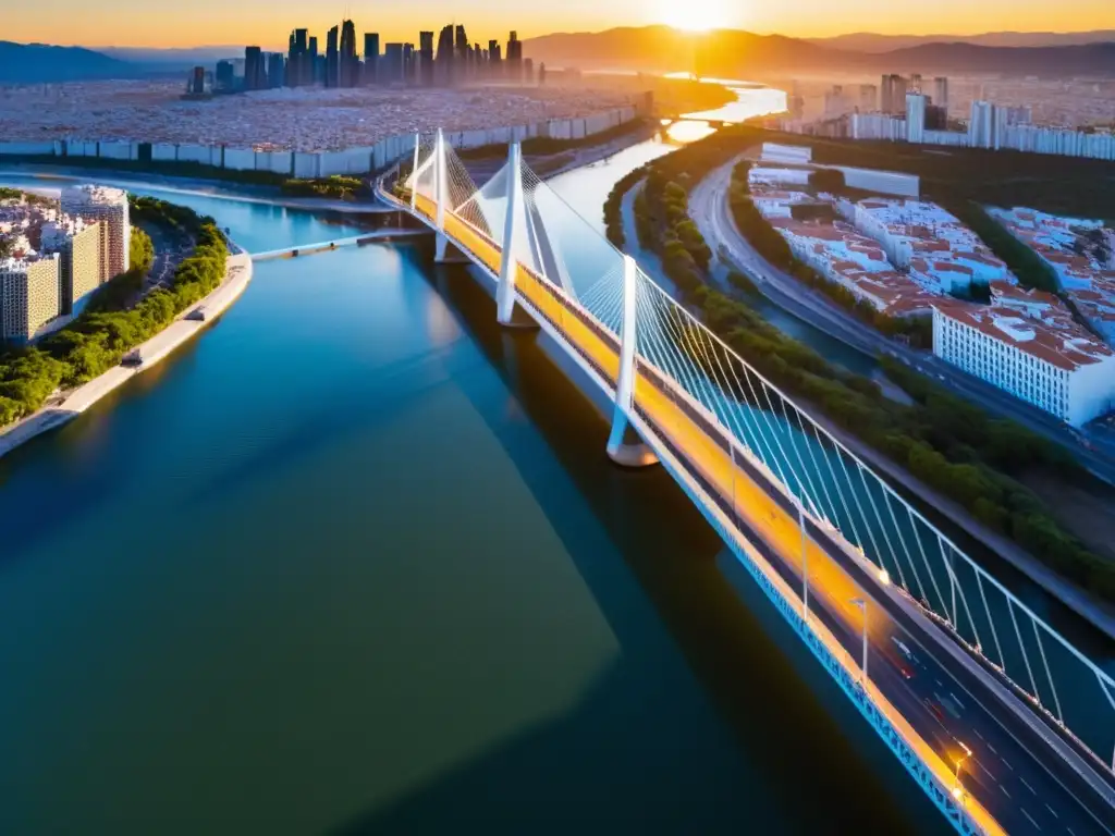 Vista aérea del Puente de los Tirantes en la arquitectura contemporánea, destacando su diseño innovador y su integración en el paisaje urbano