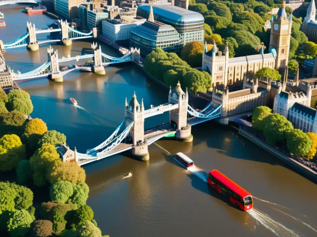 Vista aérea del Puente de la Torre de Londres, con el río Támesis brillando bajo el sol