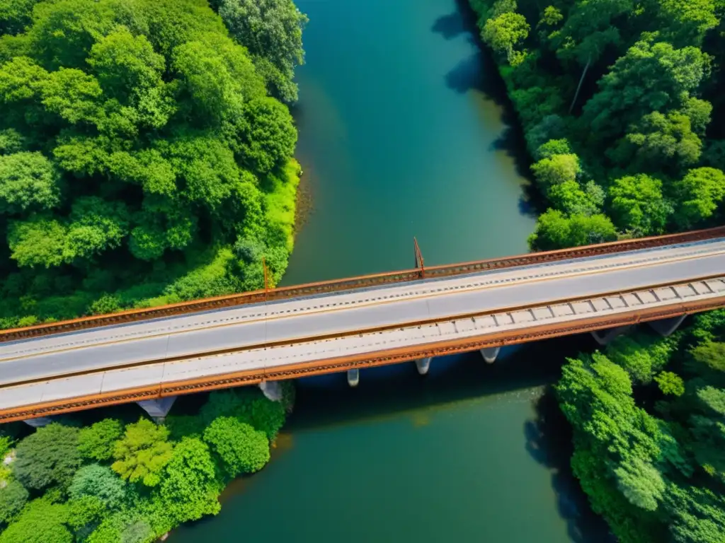 Vista aérea de un puente tradicional con detalles de mantenimiento visibles