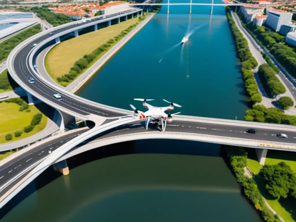 Vista aérea de un puente con tráfico capturado por un dron, destacando la contribución de drones a puentes con precisión y modernidad