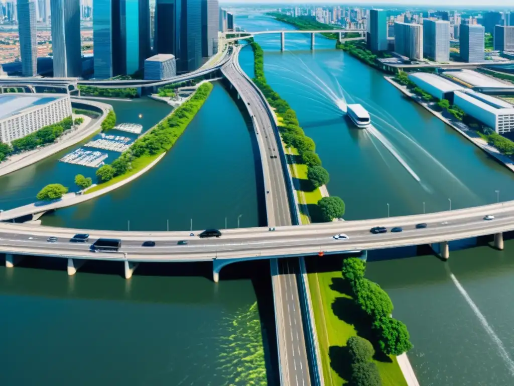 Vista aérea de un puente urbano con tráfico fluido gracias a la gestión de inteligencia artificial, rodeado de modernos rascacielos y un río brillante