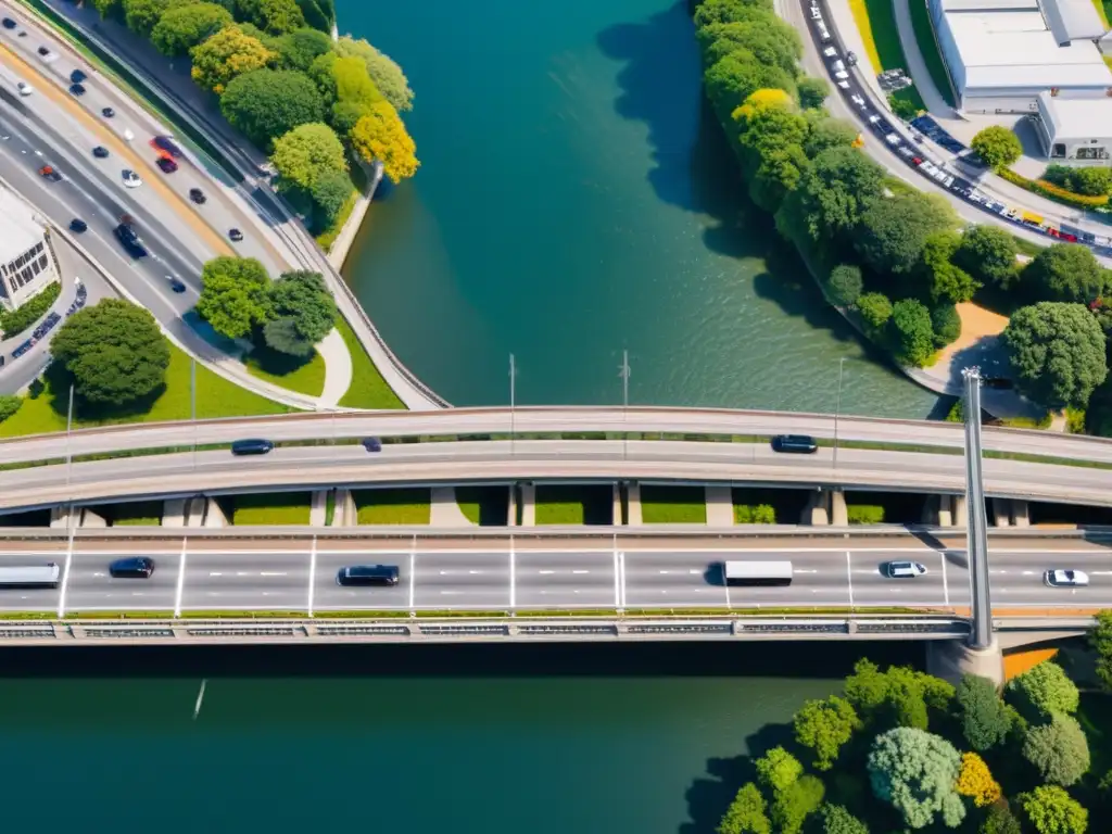 Vista aérea de puente urbano con tráfico intenso y aplicaciones de inteligencia artificial en gestión del tráfico y mantenimiento estructural