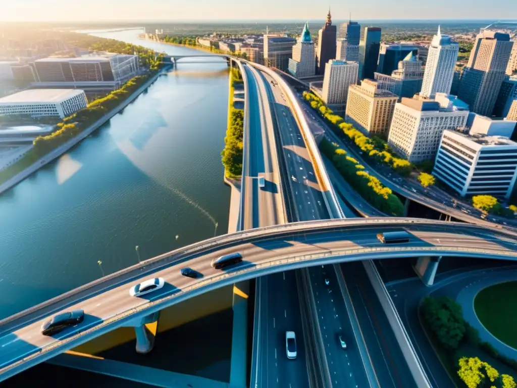 Vista aérea de puente urbano, con tráfico fluido y diseño moderno