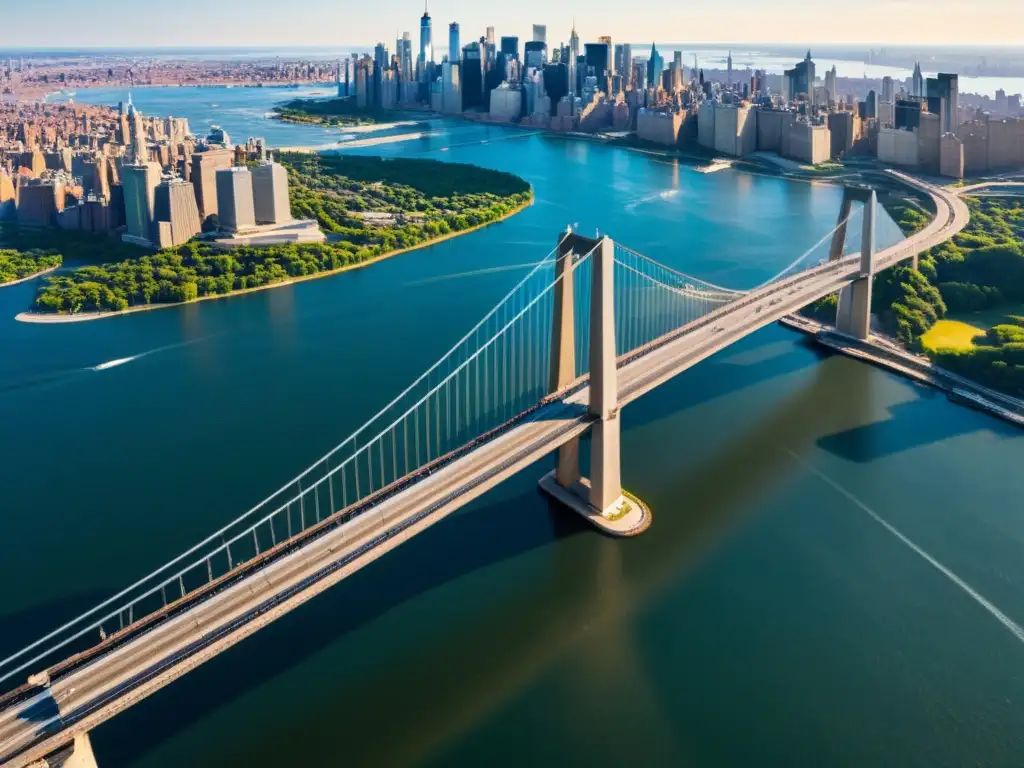 Vista aérea del puente Verrazzano Narrows con su imponente diseño y reflejos sobre el agua, destacando su historia y arquitectura en Norteamérica