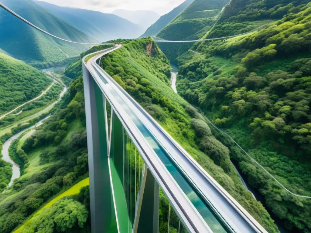 Vista aérea de un puente de vidrio estructural en un valle verde, con patrones de luz solar y red de acero visible