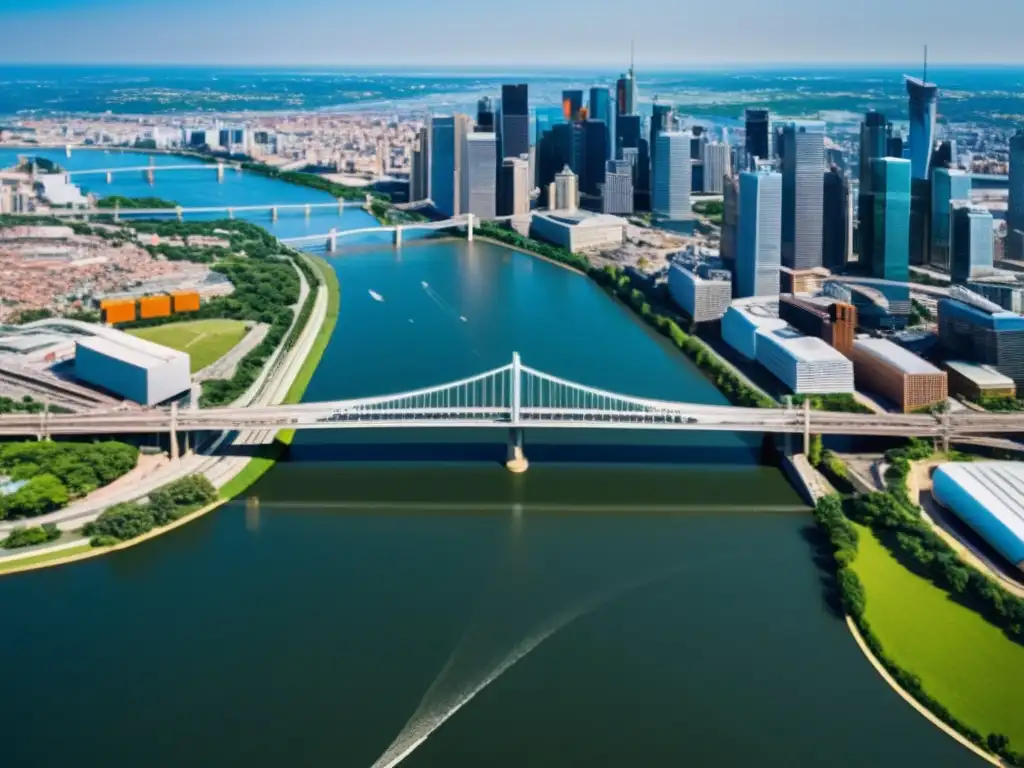 Vista aérea de puentes sobre río, conectando la ciudad