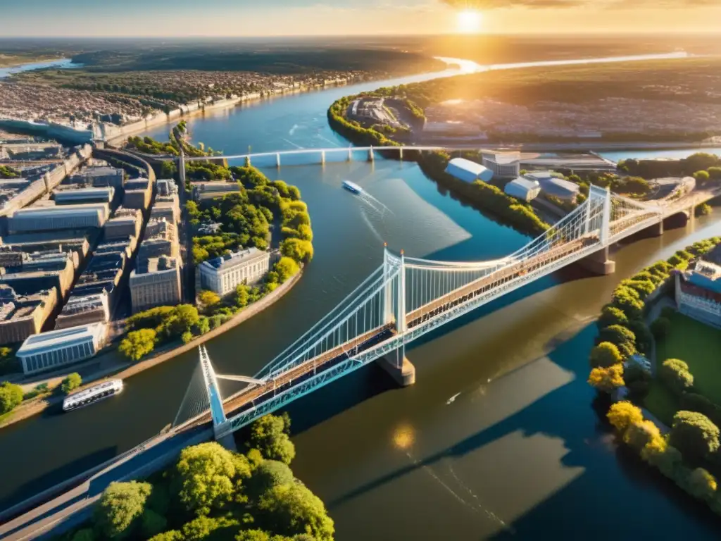 Vista aérea de puentes icónicos sobre el río, resaltando su impacto cultural e ingeniería