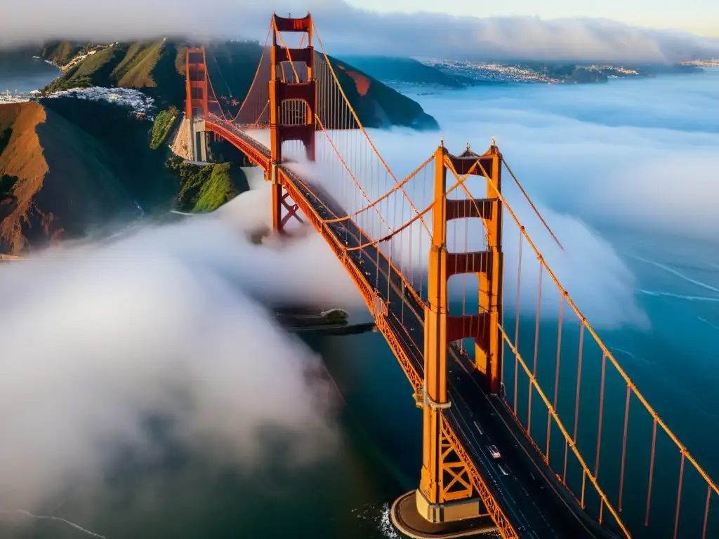 Vista aérea de la icónica evolución de puentes icónicos, el Golden Gate Bridge en San Francisco, envuelto en mística niebla rojiza