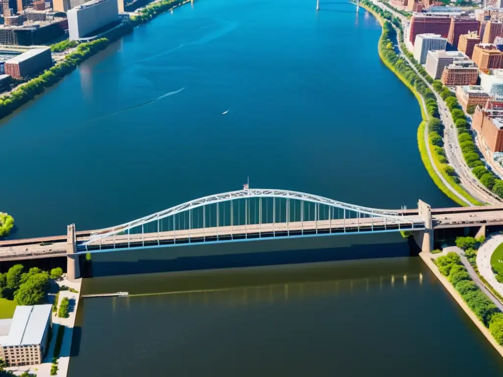 Vista aérea de puentes icónicos, arquitectura cultural y actividad urbana a orillas del río en una metrópolis vibrante