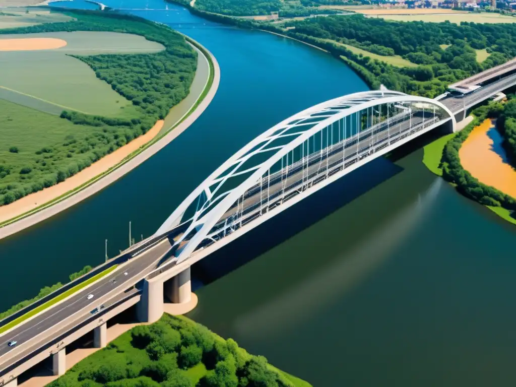 Vista aérea de puentes PRFV sobre río, destacando su diseño futurista y ventajas del PRFV en puentes, integración con la naturaleza