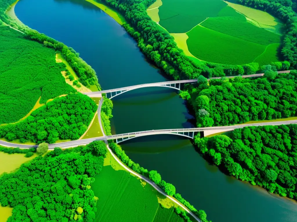 Vista aérea de puentes sobre río en cuenca hidrográfica, ejemplificando gestión sostenible