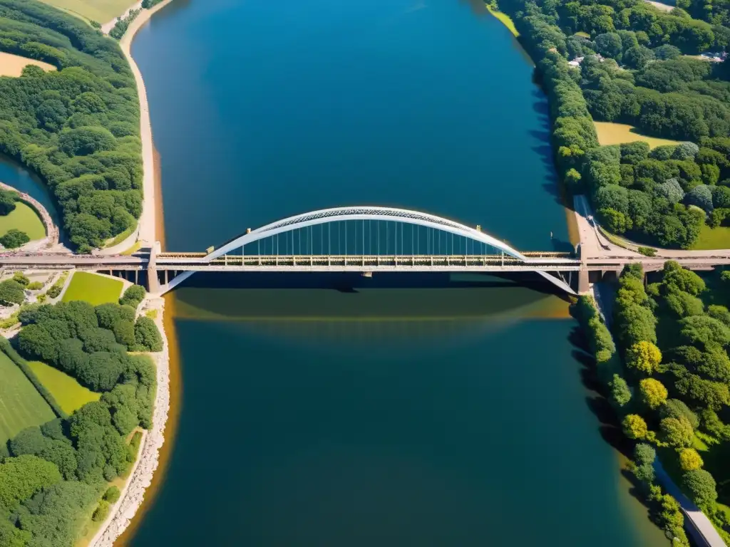 Vista aérea de la evolución de puentes a través de los siglos, desde antiguos arcos de piedra hasta modernos puentes colgantes de acero