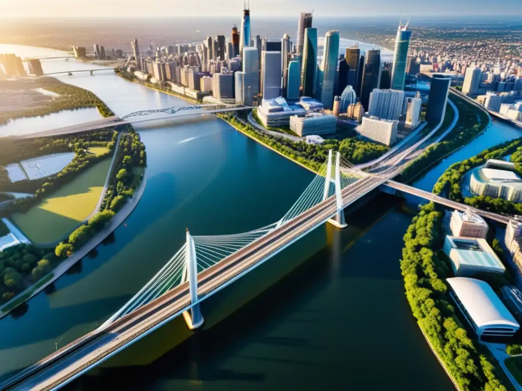 Vista aérea de puentes urbanos modernos conectando la ciudad, reflejando progreso y sostenibilidad