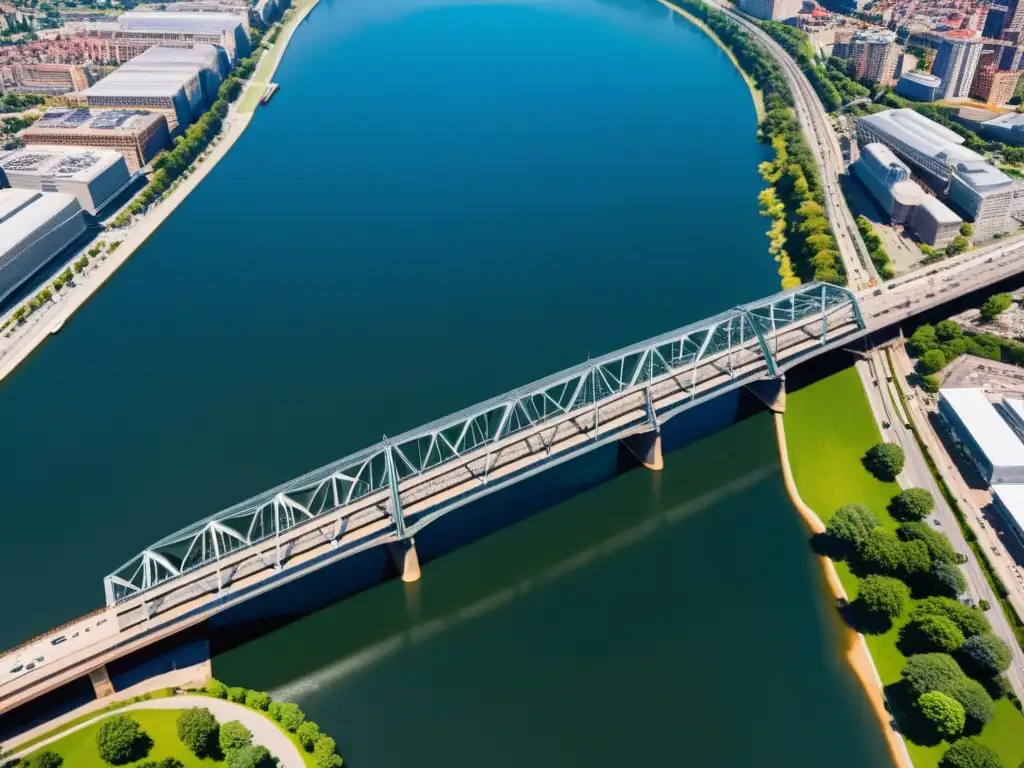 Vista aérea de puentes urbanos con intrincados diseños de acero sobre el río, reflejando la influencia de puentes en cultura