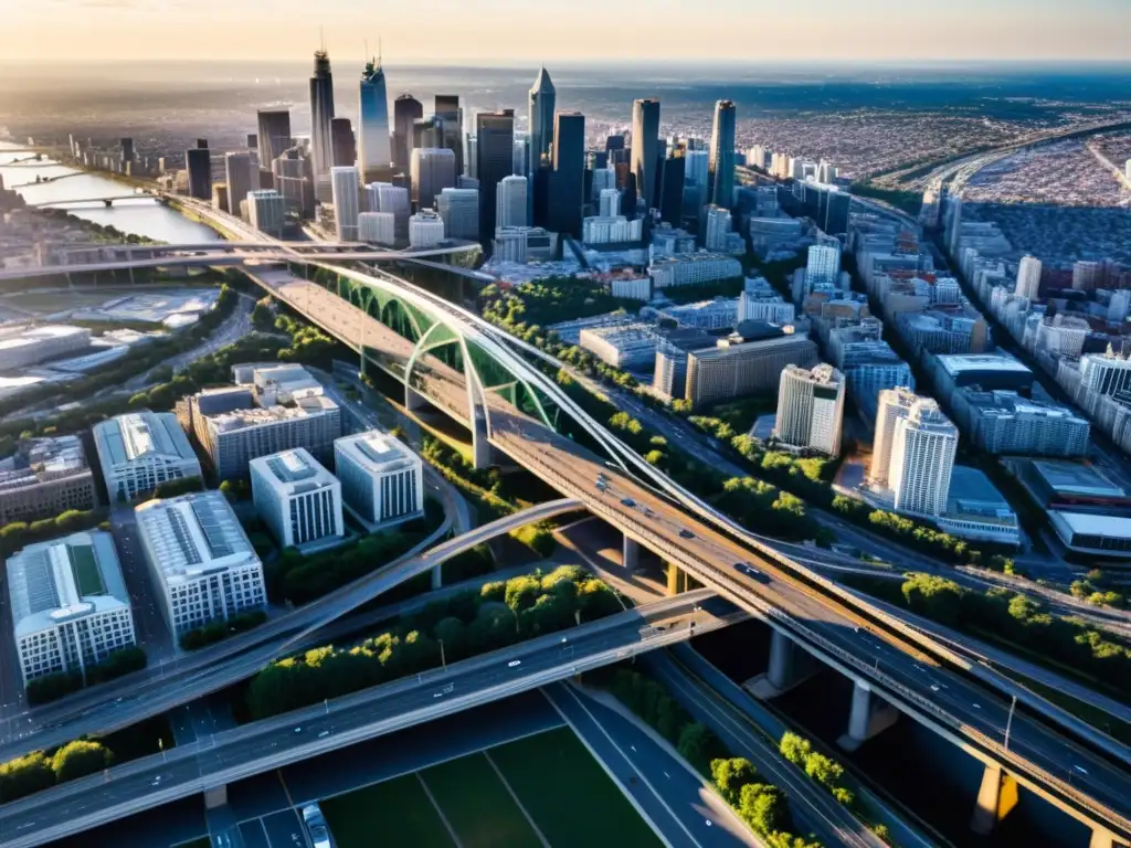 Vista aérea de la red de puentes y carreteras en una ciudad, mostrando la vital optimización de puentes con Big Data y la energía urbana