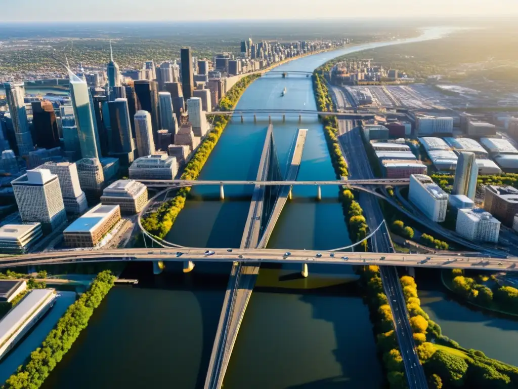 Vista aérea de una red de puentes y autopistas en una bulliciosa área urbana