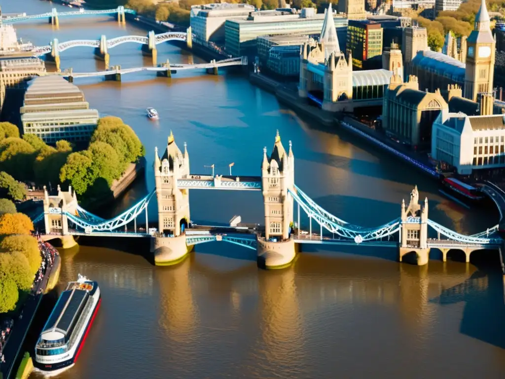 Vista aérea del icónico Tower Bridge en Londres, reflejado en el río Támesis al atardecer