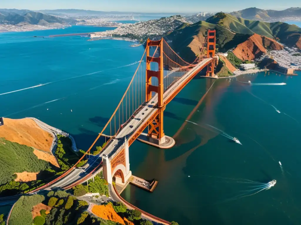 Vista aérea del puente Golden Gate en alta resolución, destacando su grandiosidad arquitectónica y belleza natural