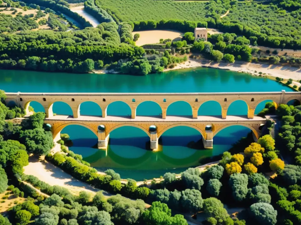 Vista aérea del Pont du Gard, puente del Gard ingeniería romana, con detalles precisos y grandiosa atmósfera romana junto al río Gardon