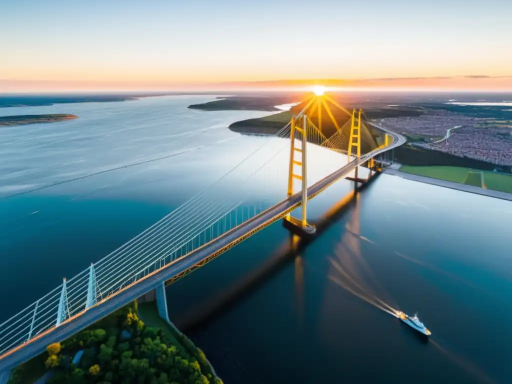 Vista aérea del puente Øresund conectando Suecia y Dinamarca, con el sol poniéndose detrás