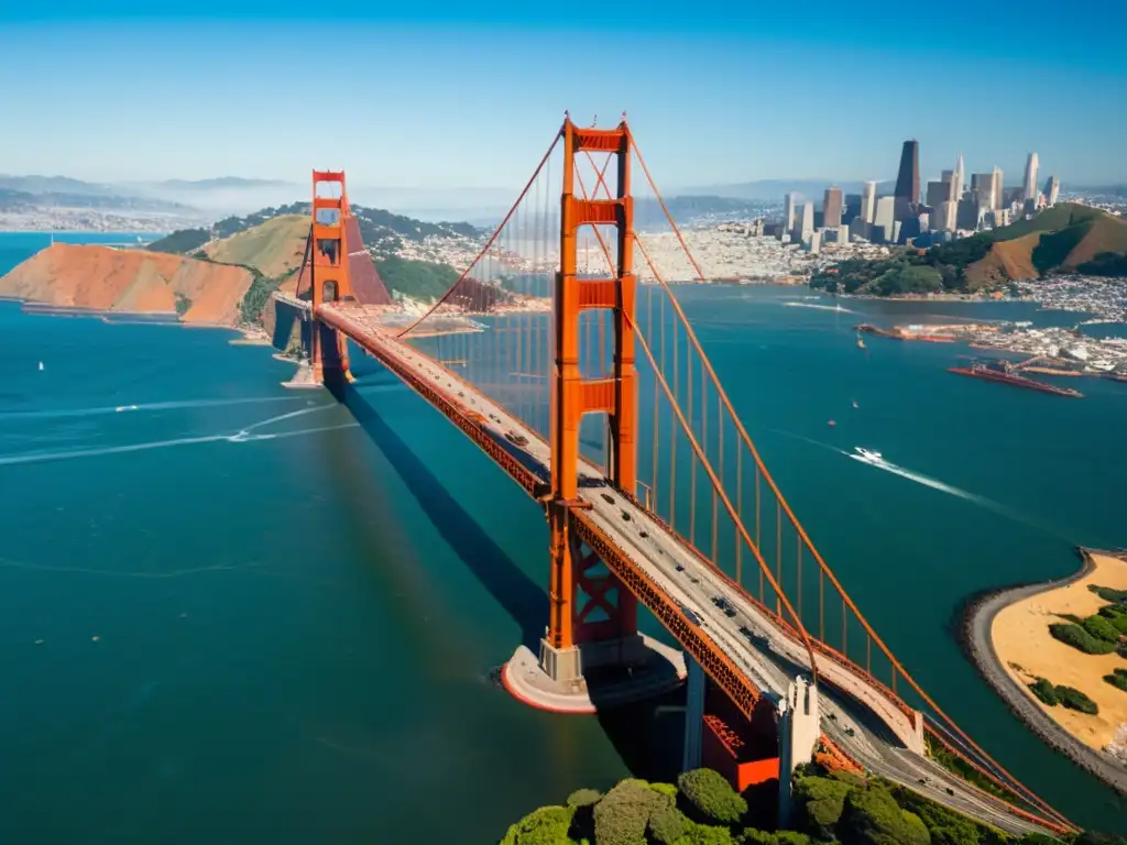 Vista aérea de puente Golden Gate en San Francisco, con torres rojo-anaranjadas, cables de acero y la ciudad al fondo