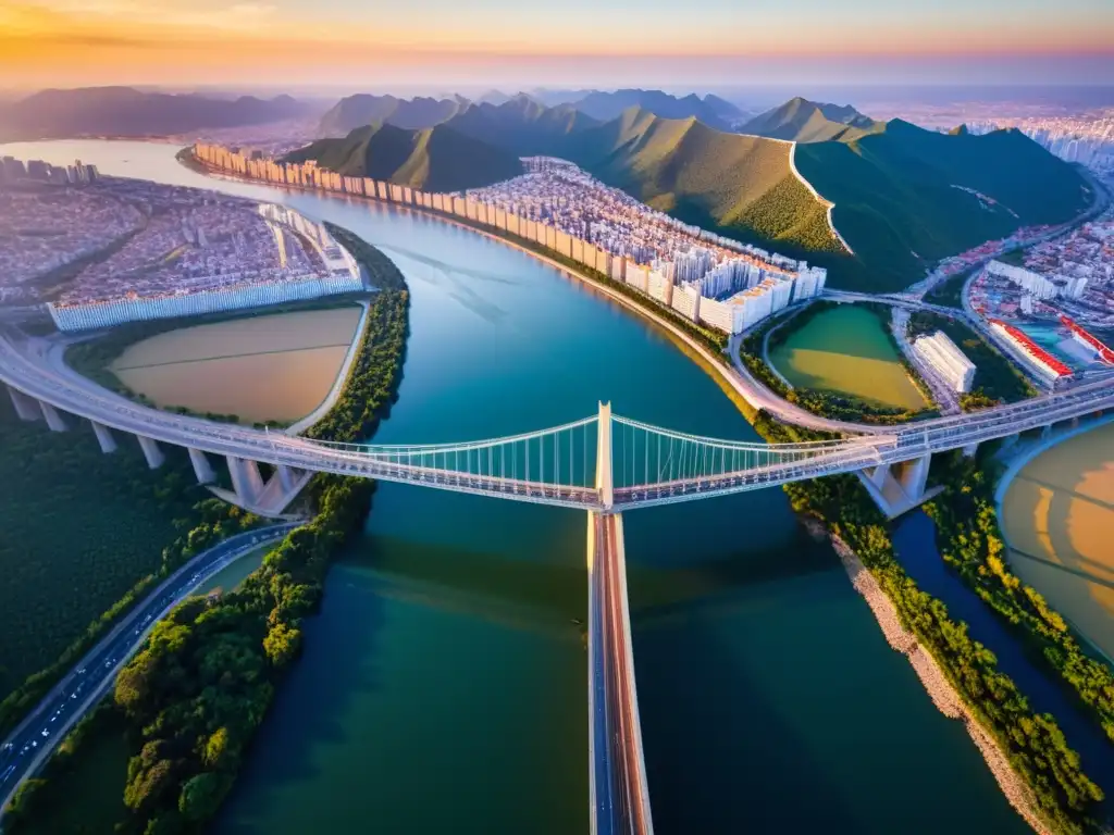 Vista aérea ultra detallada del Puente de la Amistad Taiwán China en vibrante atardecer, destacando su arquitectura y paisaje circundante