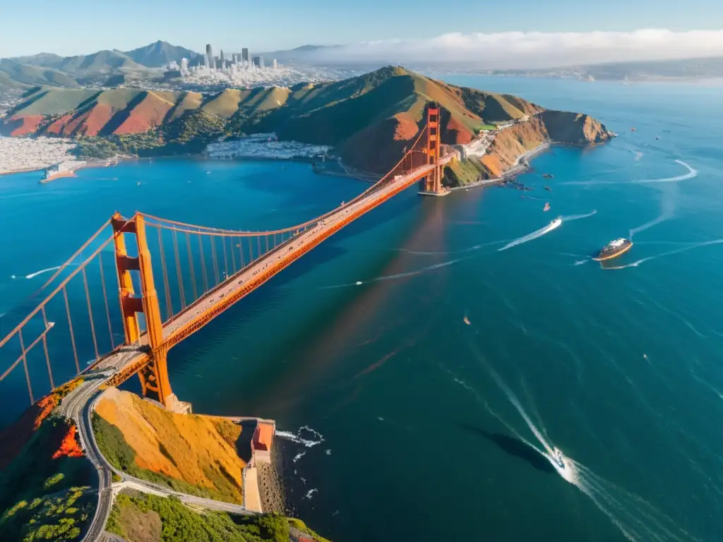 Espectacular vista aérea del icónico Puente Golden Gate en 8k Una vista aérea única del icónico Puente Golden Gate en un día soleado, resaltando su diseño y color rojo anaranjado